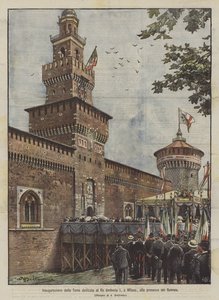 Einweihung des dem König Umberto I. gewidmeten Turms in Mailand, in Anwesenheit der Herrscher von Achille Beltrame