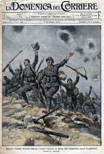 Italienische Armee siegreich über die österreichisch-ungarischen Truppen in den Karstbergen in Slowenien. Die Italiener rückten somit in Richtung Triest vor. Ill. von Beltrame. La Domenica del Corriere. 06/1917 von Achille Beltrame