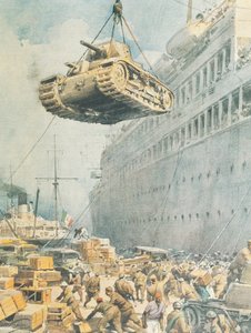 Italienischer Konvoi erreicht sein Ziel in Libyen, von Achille Beltrame, Illustration, Illustrator Achille Beltrame (1871-1945), aus La Domenica del Corriere