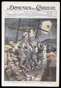Italienische Soldaten setzen Friesenpferd in den Graben, Platte von Achille Beltrame für Domenica del Corriere, 2-9 April 1916, Erster Weltkrieg, Italien, 20. Jahrhundert