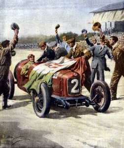 Italienischer Sieg beim 3. Europäischen Motor Grand Prix: Die Mechaniker von Ascari zeigen die Trikolore auf dem Auto. Ill. von Beltrame. "La Domenica del Corriere". 07/1925 von Achille Beltrame