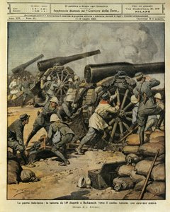 Italo-Türkischer Krieg, Batteriebeschuss von Kanone Nr. 149, der eine feindliche Karawane bei Bu-Kamek in Richtung der tunesischen Grenze vertreibt, Illustrator Achille Beltrame (1871-1945), aus La Domenica del Corriere, 7. Juli 1912 von Achille Beltrame