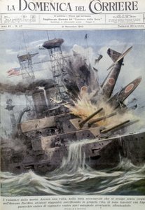 Japanische Selbstmordattentäter explodieren auf feindlichen Schiffen - in „La Domenica del Corriere“, 21. November 1943 (Lithographie) von Achille Beltrame