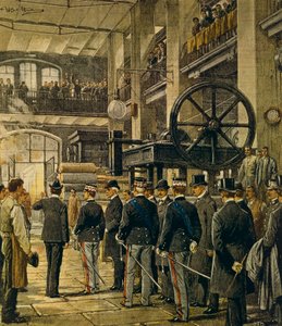 König Vittorio Emanuele III. besucht Fabriken in Mailand, von Achille Beltrame (1871-1945), aus La Domenica del Corriere, 8. Oktober 1905