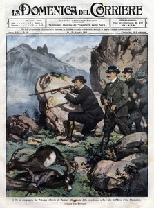 König von Italien Viktor Emanuel III. (Vittorio Emanuele) mit Prinz Albert I. von Monaco bei der Jagd auf den Steinbock. Titelblatt der Domenica del Corriere vom 14. August 1910 von Achille Beltrame
