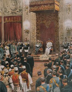 König von Italien, Vittorio Emanuele III. von Savoyen, wird zum König der Albaner gekrönt, von Achille Beltrame, Illustration, Illustrator Achille Beltrame, aus La Domenica del Corriere von Achille Beltrame