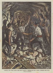 Die Eröffnung der ersten Galerie auf der Zufahrtslinie zum Simplon, zwischen Arona und Meina, das Treffen der Arbeiter von Achille Beltrame
