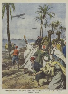 Das italienische Tripolitanien, die ersten Flüge der Militärflugzeuge bei Tripolis unter tiefem von Achille Beltrame