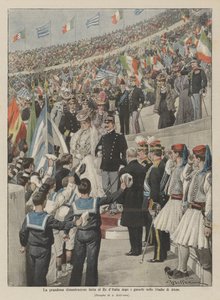Die großartige Demonstration zu Ehren des Königs von Italien nach den Spielen im Stadion von Athen von Achille Beltrame