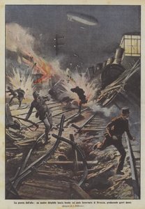 Der Krieg von oben, unser Luftschiff wirft Bomben auf den Eisenbahnknotenpunkt von Divaccia und verursacht schwere Schäden