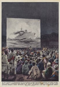 Elektrisches Licht und Kino, von deren Existenz die Bewohner von Tigre nichts wussten, sind in Adua angekommen von Achille Beltrame