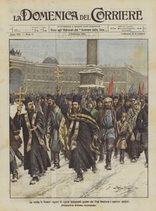 Der Aufstand in Russland, Legionen von streikenden Arbeitern, angeführt von Priestern, dringen in die zentralen Viertel ein