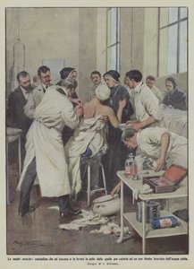 Die heldenhaften Mütter, Bäuerin in Ancona lässt sich die Haut von den Schultern nehmen, um sie ihrem Kind zu geben von Achille Beltrame