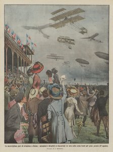 Die wunderbaren Flugwettbewerbe in Reims, Flugzeuge und Luftschiffe jagen sich in der Luft von Achille Beltrame
