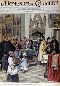 Das Problem der Scheidung in Italien: Die Bevölkerung unterzeichnet die Petitionen gegen die Scheidung in den Sakristeien. Illustration von Beltrame. La Domenica del corriere. 9/02/1902