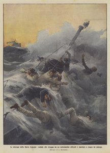 Die Unglücke der französischen Flotte, eine Welle reißt Offiziere und Matrosen von einem U-Boot und ertränkt fünf von ihnen von Achille Beltrame
