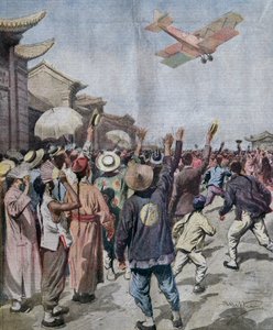 Leutnant Arturo Ferrarin, Teilnehmer am Rom-Tokio-Raid, erscheint über dem Himmel von Shanghai, Illustration von Achille Beltrame aus La Domenica del Corriere, 16. Mai von Achille Beltrame