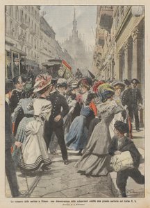 Der Streik der Näherinnen in Mailand, eine Demonstration der Streikenden gegen eine große Schneiderei am Corso V E von Achille Beltrame