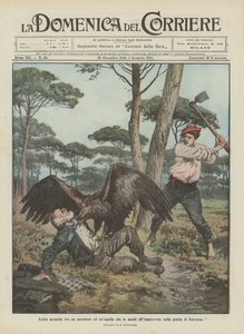 Heftiger Kampf zwischen einem Fischer und einem Adler, der ihn plötzlich im Pinienwald von Ravenna angreift