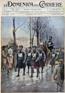 Marsch in Warschau zur Übung der Bevölkerung im Gebrauch von Gasmasken - Zeichnung von A. Beltrame, in „la Domenica del Corriere“ vom 22.11.1931