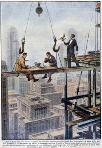 Mahlzeit von zwei Vorarbeitern im Gleichgewicht auf dem Rahmen eines Wolkenkratzers in New York - Zeichnung von A. Beltrame, in „La Domenica del Corriere“ von Achille Beltrame