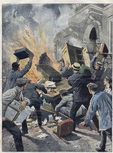 Weinkrise im Midi 1907: Winzer setzen das Rathaus von Beziers (Herault) in Brand. Illustration von Achille Beltrame aus dem Jahr 1907.