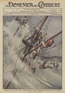 Schiffbruch eines großen deutschen Segelschiffs, Besatzungsmitglieder klettern in tragischer Lage auf die Masten