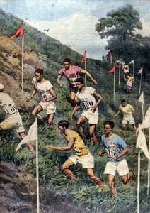 Olympische Spiele in Paris: Geländelauf mit natürlichen Hindernissen (Illustration von Beltrame, La Domenica del Corriere)