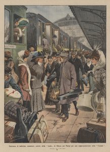 Abreise von Tänzerinnen, Musikern, Chorsängern der Scala von Mailand nach Paris für eine Aufführung der Vestalin von Achille Beltrame