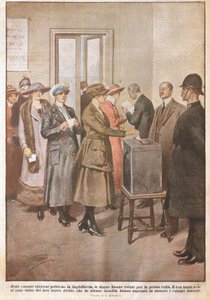 Politische Wahlen in England: Frauen wählen zum ersten Mal, Illustration von Achille Beltrame von Achille Beltrame