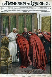 Papst Pius X empfängt die Kardinäle in seiner Bibliothek für den Neujahrswunsch. Titelblatt der Domenica del Corriere vom 4. Januar