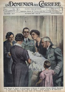 Vorstellung von Prinz Vittorio Emanuele, Säugling, den Souveränen, links die Königinmutter der Belgier Elisabeth von Bayern (1876-1965), rechts Viktor Emanuel III. von Savoyen, und im Hintergrund Vater von Achille Beltrame