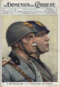 Profile von König Vittorio Emanuele III. und Duce Benito Mussolini, Gründer des Imperiums, im Stil der römischen Kaiser. Illustration von Achille Beltrame in „La domenica del Corriere“ vom 16.05.1937. von Achille Beltrame