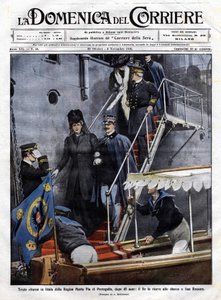 Traurige Rückkehr nach Italien von Königin Maria Pia von Portugal nach 48 Jahren: Der italienische König Viktor Emanuel III. empfing sie in San Rossore in der Toskana. Illustration von Beltrame. La Domenica del Corriere. 6. November 1910