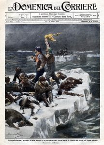 Robbenjäger, von denen einige starben, blieben auf dem treibenden Eis des Ozeans gestrandet. Ill. von Beltrame. „La Domenica del Corriere“. 12-19/04/1914.