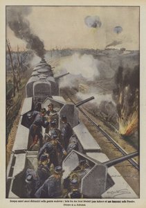 Immer neue zerstörerische Mittel im modernen Krieg, Kampf zwischen zwei gepanzerten Zügen (einer deutsch, einer französisch) in Flandern