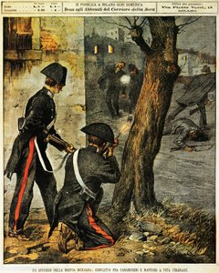 Sizilianisches Mafia-Ereignis, Kampf zwischen Carabinieri und Mafia-Gangstern in Trapani, Illustration von Achille Beltrame, aus La Domenica del Corriere, 31. Dezember 1899 von Achille Beltrame