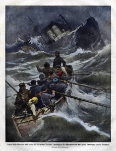 Untergang eines italienischen Bootes vor der Küste der Toskana im Jahr 1910. Illustration von Achilles Beltrame
