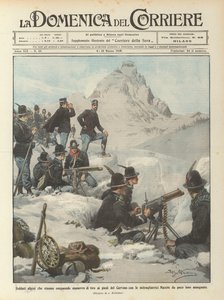 Alpensoldaten führen Schießübungen am Fuße des Matterhorns mit Maschinengewehren durch von Achille Beltrame