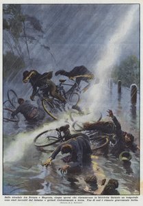 Auf der Straße zwischen Novara und Magenta, fünf Arbeiter, die mit dem Fahrrad nach Hause fuhren von Achille Beltrame
