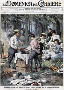 Der Präsident der Vereinigten Staaten Theodore Roosevelt (1858 - 1919) lehrte seine Söhne die Pflichten eines Mannes der guten Gesellschaft, indem er ihnen während eines Picknicks in seiner zweiten Residenz in Oister Bay das Bein abschnitt. Illustration vo