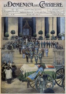 Der Segen der sterblichen Überreste des Herzogs von Aosta in Turin, nachdem der Trauerzug die ganze Stadt durchquert hatte - Zeichnung von A. Beltrame in „la Domenica del Corriere“ vom 19.07.1931