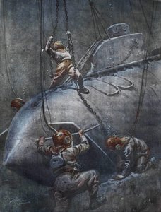 Die Katastrophe des französischen U-Boots „Pluviose“ im Jahr 1910. Die Taucher versuchen, die Ketten zu befestigen, um es hochzuziehen. Illustration von Achille Beltrame. von Achille Beltrame