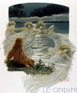 Die Charaktere der Ondinen, junge Nymphen der Gewässer der germanischen Mythologie. Illustration von A. Beltrame. von Achille Beltrame