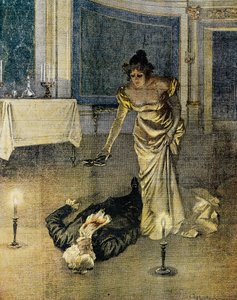 Der Tod von Scarpia am Ende des zweiten Aktes von Tosca von Giacomo Puccini, Platte von Achille Beltrame, La Domenica del Corriere, 4. Februar von Achille Beltrame