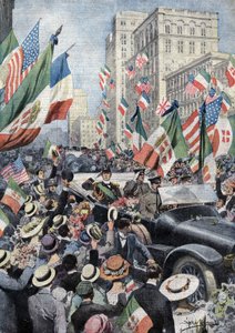 Der begeisterte Empfang des amerikanischen Volkes für Ferdinand de Savoy, Herzog von Genua und Prinz von Udine (1884 - 1963), als er in Boston ankam. Ill. von Beltrame. La Domenica del Corriere. 06/1917.