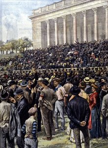 Der Generalstreik in Mailand: Tausende von Arbeitern versammelten sich in der Arena. Ill. von A. Beltrame. "La Domenica del Corriere"