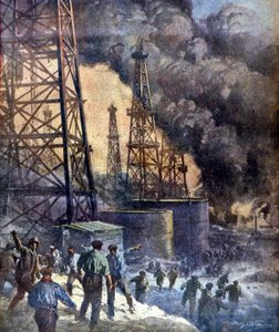 Die Hölle aus Feuer und Flammen. Das Signal Hill Ölquellenfeuer in Kalifornien. Ill. von W. Beltrame. „La Domenica del Corriere“, 28/12/1924. von Achille Beltrame