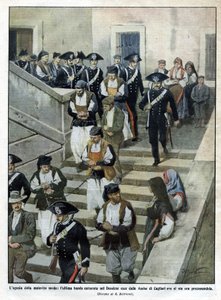Die letzte Bande sardischer Verbrecher, als sie das Schwurgericht in Cagliari verlassen, wo der Prozess stattfindet. Illustration von Beltrame. La Domenica del Corriere. 07/1913. von Achille Beltrame