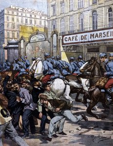 Die Arbeiterstreiks in Marseille: Die Husaren greifen auf der Canebière an. Illustration von Beltrame. La Domenica del Corriere. 1901 von Achille Beltrame